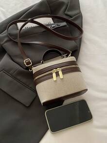 复古简约拼色小盒子手提包、女士单肩包 - 咖啡棕 - 查看 4