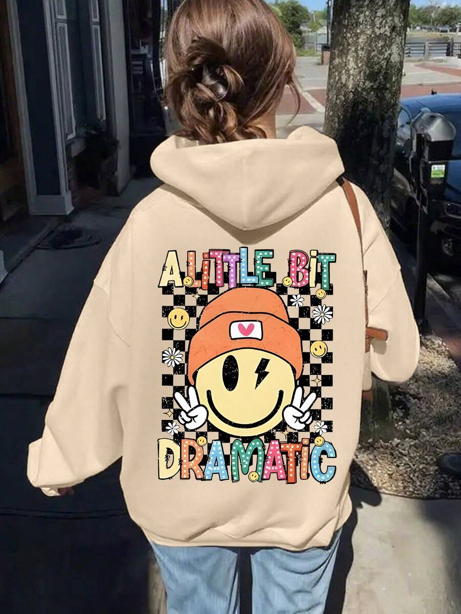 1pc Girls Smile Colorful Text Plaid Sweatshirt, Comfortable, Spring/Autumn Outdoor Play Personalized Style - Apricot - View 1