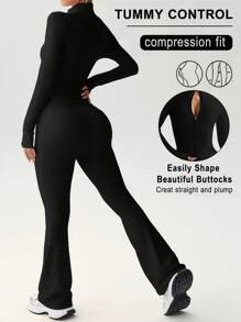 FWH 两件套街头风塑身衣和喇叭裤，收腰提臀，袖口带拇指孔，适合健身和休闲穿着，灵感源自束身衣拉链前开设计，四向弹力喇叭裤配有防滑腰带，塑形外套带有拉链细节，提臀裤，提升自信套装，女士拉链前开外套和喇叭裤，两件套