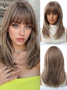 18 Inch Brown Layered Wig For Women Long Straight Wigs With Curtain Bangs, Synthetic High Density Heat Resistant Hair Wig For Daily Party,Natural Sexy Simple Casual Sports Preppy Cosplay Heat Resistant Fake Hair Or Holiday Party Everyday Wear,Halloween Christmas Gifts, Gifts For Girlfriends,Gifts For Girlfriends - 棕色 - 查看 2