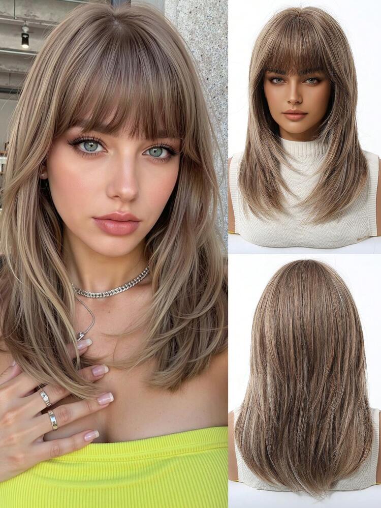 18 Inch Brown Layered Wig For Women Long Straight Wigs With Curtain Bangs, Synthetic High Density Heat Resistant Hair Wig For Daily Party,Natural Sexy Simple Casual Sports Preppy Cosplay Heat Resistant Fake Hair Or Holiday Party Everyday Wear,Halloween Christmas Gifts, Gifts For Girlfriends,Gifts For Girlfriends - 棕色 - 查看 2