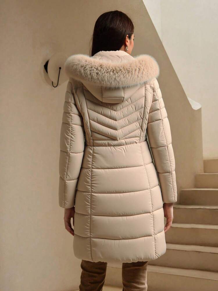 Fashionable Portable Faux Fur Collar Hooded Women's Jacket, Essential Down Coat For Autumn/Winter - Apricot - View 6