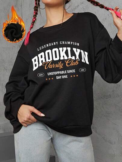 Brooklyn Pattern Women's Plush Thick Round Neck Sweatshirt, Gym Clothes Women, Sports Casual Sweatshirt, Autumn And Winter Sweatshirt, Silhouette Cut. Suitable For Parties, Sports, Outdoor Leisure And Other Occasions, Autumn And Winter Women's Clothing