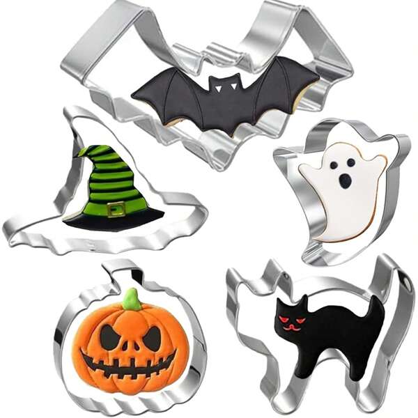 Conjunto grande de cortadores de biscoitos de Halloween - cortador de chapéu de bruxa, abóbora, fantasma, morcego e gato em aço inoxidável