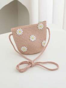 1 قطعة - حقيبة قش جديدة عصرية، حقيبة بشكل زهرة قلب كرتونية جميلة، زخرفة بالدانتيل والزهور، مزينة بأسنان بلورية براقة، أنماط متعددة الألوان للحقيبة المنسوجة - متعدد الألوان - مشاهدة 5