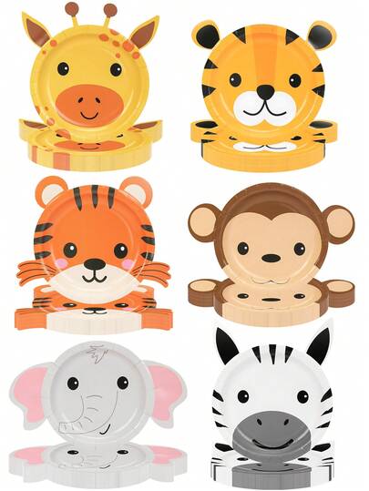 10 piezas/20 piezas/50 piezas Suministros para fiesta de animales de la selva, platos de papel con forma de animales de la selva y el zoológico como tigre, león, cebra, elefante, jirafa, mono para baby shower, fiesta de cumpleaños con tema "Wild One" y decoraciones de fiesta de animales del bosque