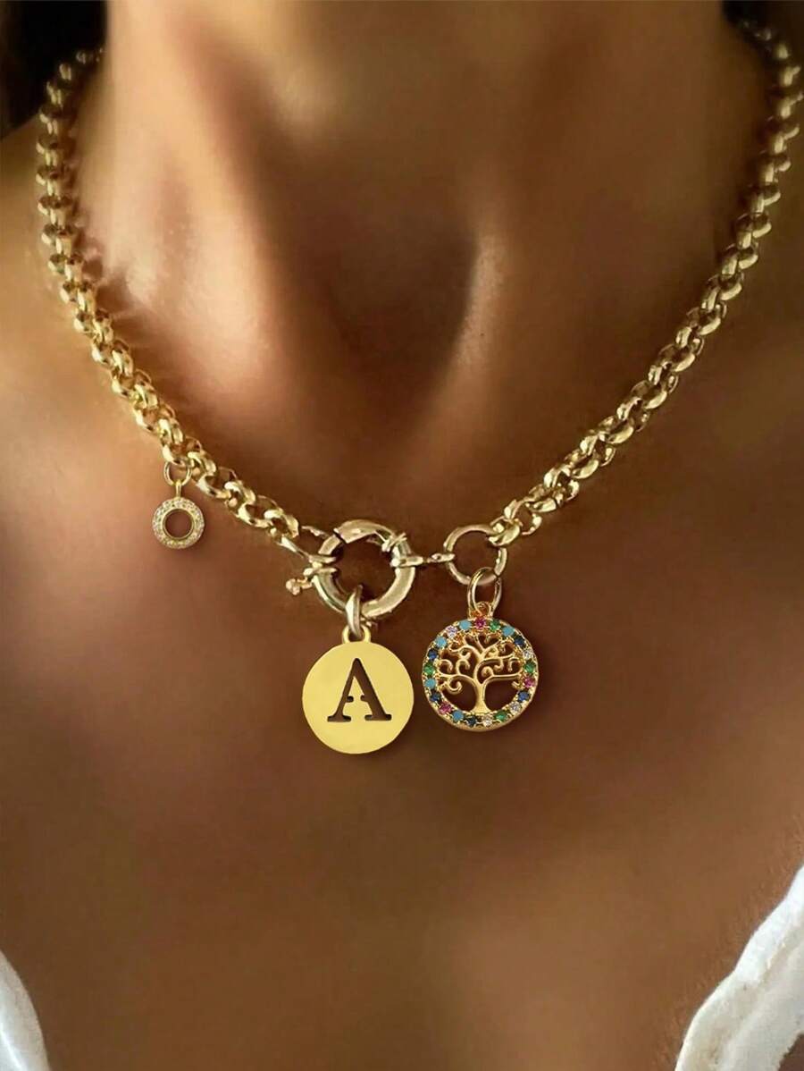 STYLEVER 1PC Gold Initial Letter Necklace, A-Z 26 Letter Pendant Colorful Zirconium Tree Of Life Letter Pendant Chain, Stainless Steel Chain, Unique And Exquisite Style
