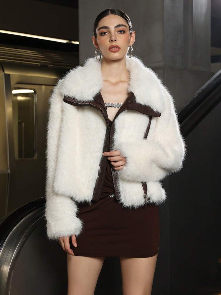 女士时尚拼布撞色 PU 毛领拉链柔软保暖秋冬蓬松夹克，休闲外套，奢华舒适与设计相结合 - 白色 - 查看 5