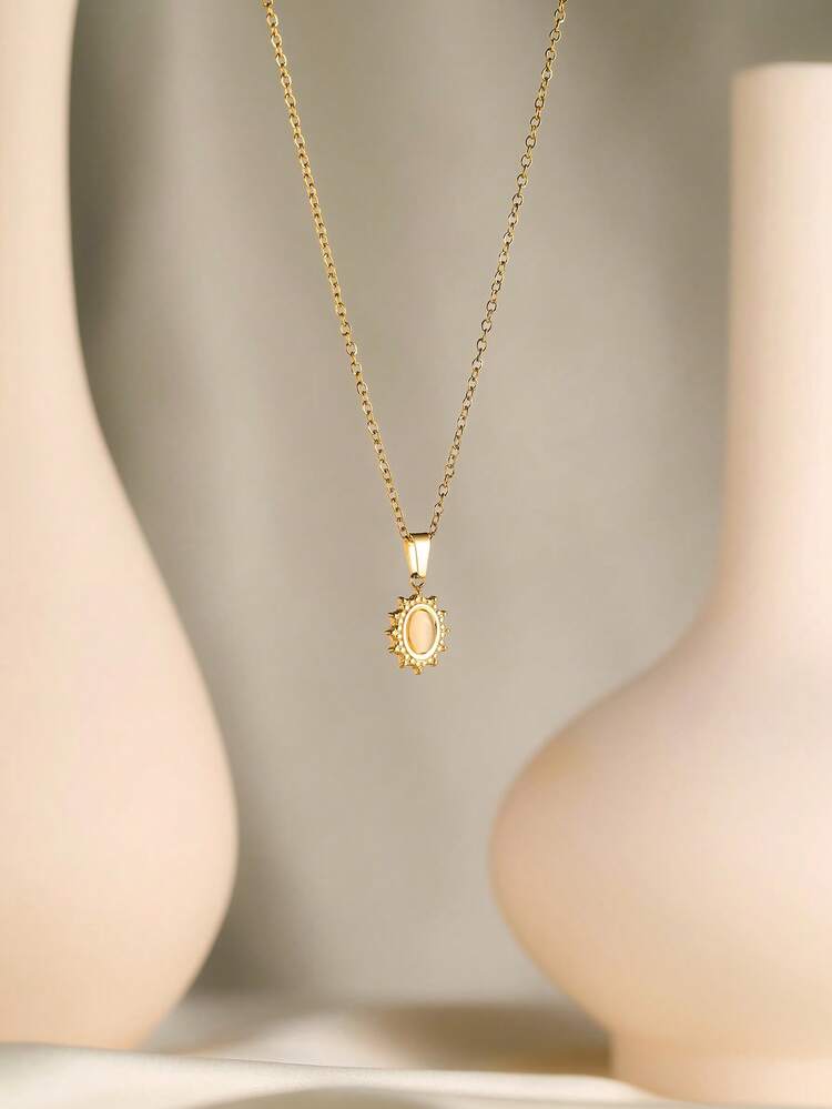 1pc Stainless Steel 18k Gold Plated Cyberpunk Geometric Flower & Sunstone Pendant Necklace, Suitable For Daily Wear, Parties, Energy Crystals - Gold - View 16