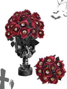 2PCS/5PCS/10PCS 玫瑰人造花人造血玫瑰和眼睛花束仿真单枝长茎假丝玫瑰束适合派对、家庭、万圣节 DIY 装饰 - 萬聖紅玫瑰黃眼 - 查看 1