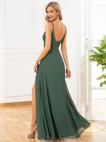 EVERPRETTY 优雅性感纯色吊带开衩森林绿伴娘礼服，婚礼宾客礼服，春夏款 - 橄欖綠 - 查看 8