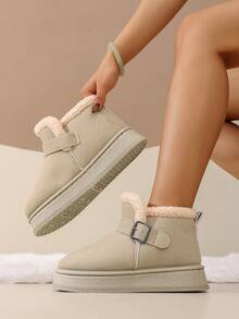 2025 Winter New Fashion Thick Fur Lining Snap Closure Plush Thick Sole Snow Boots, Warm, Anti-Slip, Suitable For Outdoor, Plus Size Mid-Calf Turnover Fur Snow Boots