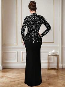 Đầm dài tay cổ tròn cao màu đen lấp lánh đính đá, thanh lịch, sang trọng, ôm sát, thích hợp cho nữ dự tiệc tối, dạ hội, sinh nhật, đám cưới, mùa xuân. - màu đen - Xem 3