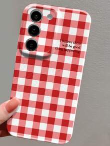 1pc Minimalist PC Material Colorful Plaid Slogan Pattern Perforated Glossy Hardshell Full Coverage Phone Case Compatible With IPhone 11/12/13/14/15/16 Pro Max - Multicolor - View 5