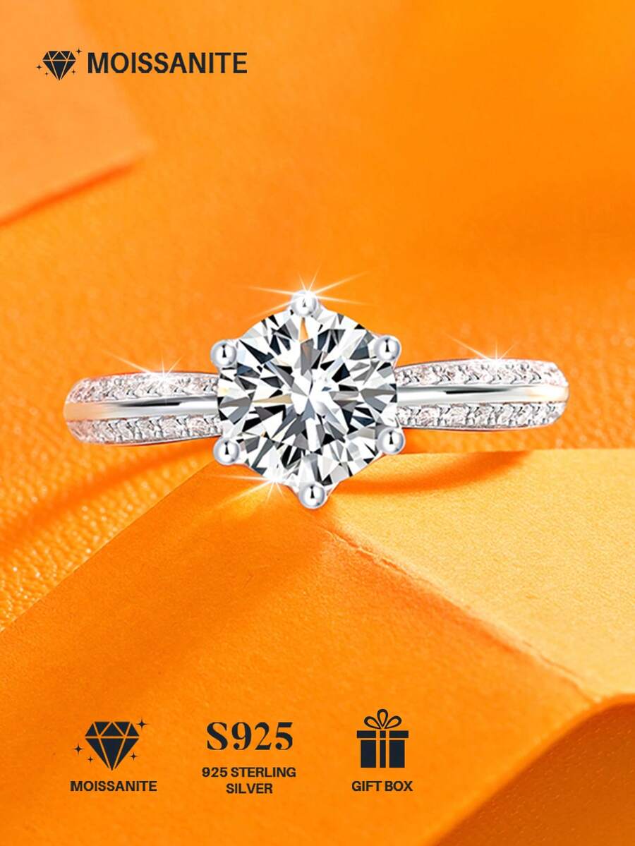 1/2/3/5 Carat Moissanite Diamond Ring, 925 Sterling Silver Women's Wedding Band, Suitable For Banquet, Party, Official Occasions, Festivals, Valentine's Day, Engagement, Wedding, Anniversary, Birthday Gift, With Certificate
