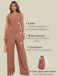 Elegant Linen Wide Leg Jumpsuit With Discreet Pockets - Mocaccino - View 6