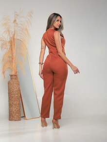 Women's Tailored Jumpsuit With Button At The Front C3154 - Burnt Orange - View 4