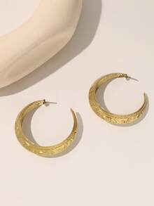 1 Pair Vintage Bohemian Style Distressed Textured Carved Geometric Hoop Earrings, Layered Design, Suitable For Daily Wear - Bronze - View 4