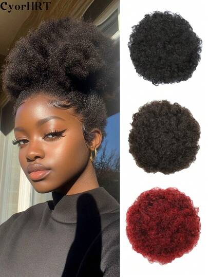 1-Pack 8inch Afro Puff Ponytail Synthetic Hair Extensions Black Voluminous Curly Bun With Secure Clips And Adjustable Drawstring Breathable Mesh Soft Natural Wig For Women Daily Wear And Party Occasions