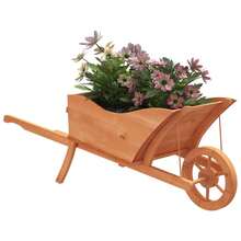 vidaXL Wheelbarrow Planter Natural Wood Solid Fir Wood Large Portable Wheelbarrow Planter Rectangular Rustic Decorative Inlays Wooden Wheelbarrow Flower Wheelbarrow - Brown - View 3