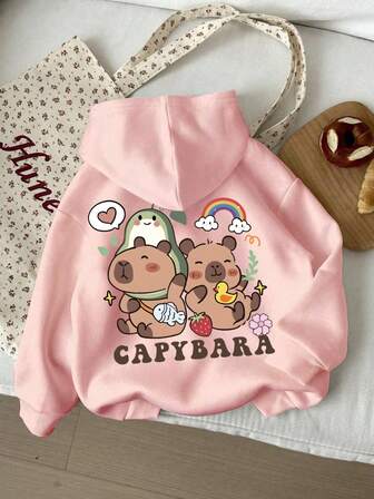 少女运动衫 连帽衫 卡通水豚印花 超大套头衫 上衣 Y2K 女童学院风服装