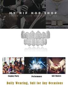 Diamond Grillz, Unisex, Răng giả mạ bạc và vàng phong cách Hip Hop, Phù hợp cho cả răng trên và răng dưới, Răng giả hóa trang cho rapper, Thích hợp cho dạ hội hóa trang, nhập vai, biểu diễn sân khấu, lễ hội hóa trang, hòa nhạc, chương trình rap, lễ hội, giải trí quán bar, hội chợ vui chơi - Nhiều màu - Xem 7