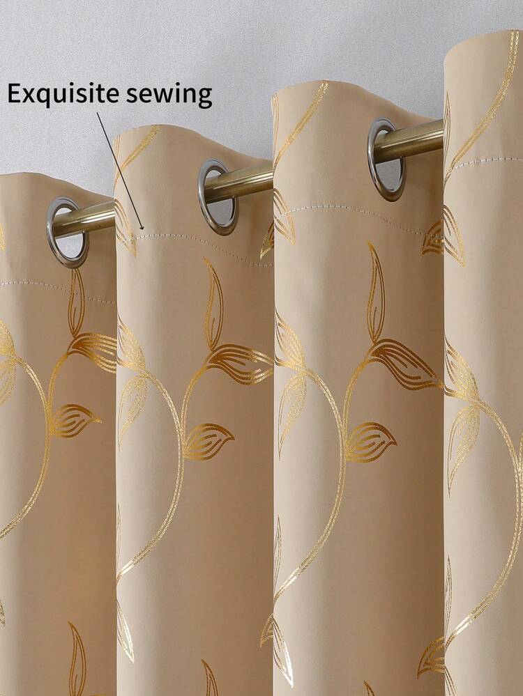 2pcs Beige Floral Blackout Thermal Curtain Panels, Modern Printed 3D Floral Design, Suitable For Living Room, Bedroom, Dining Room Home Decor, Room Decoration - Beige Gold - View 1