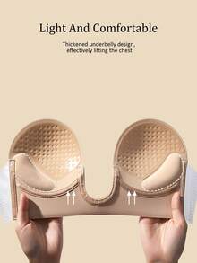 Solid Self Adhesive Strapless Bra Deep U Plunge Strapless Backless Sticky Underwire Push Up Adhesive Bra - Apricot - View 2