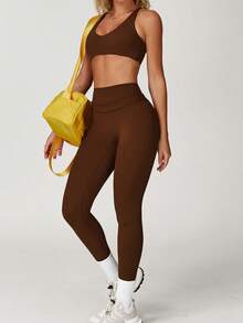 ATTRACO Áo ngực thể thao nữ cổ chữ V sâu, dây chéo, không lưng, thích hợp cho tập luyện ngoài trời, chạy bộ, tập thể dục, Pilates mùa xuân. - màu nâu - Xem 7