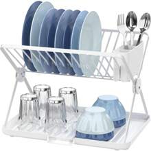 Double-Layer Over-The-Sink Dish Rack With Drain Tray, Dish Rack, And Cup Holder (White)