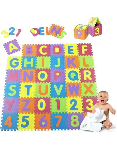 10 piezas Alfombra de juego educativa para niños, tamaño 30*30*1cm, material de espuma entrelazable de colores, cada pieza impresa con letras y números, ayuda a los niños a aprender mientras juegan, adecuada para decorar la sala de estar, dormitorio o piso del cuarto de juegos.