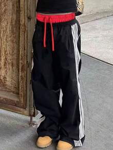 男士抽绳腰侧条纹阔腿宽松休闲时尚运动裤 - 黑色 - 查看 3
