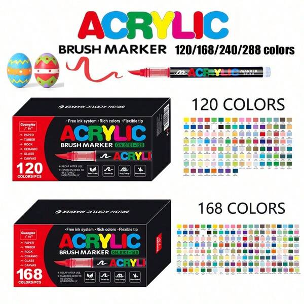 GuangNa Set van 72/120/168/240/288 kleuren vloeibare acrylmarkers met zachte haren, grote capaciteit, ideaal voor het schilderen, kleuren en tekenen van schoenen en T-shirts, ook geschikt voor doe-het-zelfprojecten. Ook verkrijgbaar: stapelbare, niet-doorlopende aquarelmarkers met 48/60/72 kleuren.