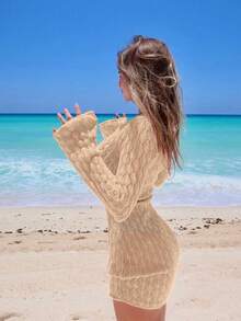 女式纯色波西米亚性感镂空透明钩针修身长袖 V 领罩衫短裙，春夏 - 駝色 - 查看 3