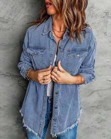 Vetinee Women's Oversized Button Up Frayed Hem Shacket Long Sleeve Pockets Denim Jean Jacket - Medium Blue - 查看 8