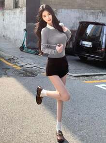 Women Sexy Peter Pan Collar Contrast Color Knit Sweater, New Fall/Winter Basic Pullover Sweaters With Embroidery