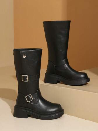 女士中筒骑士靴，2025秋冬新款，搭扣设计，高筒，厚底，过膝靴，牛仔靴