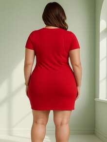 Plus Size Simple Casual Pocket Dress - 紅色 - 查看 3