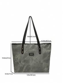 复古仿牛仔布 PU 托特包，大容量，手提包，单肩包，适合女性购物、上班通勤、学生返校和日常使用 - 深灰色 - 查看 2