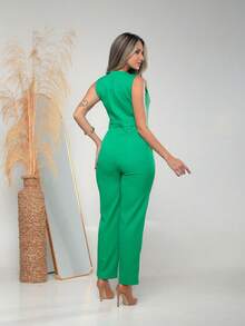 Women's Tailored Jumpsuit With Button At The Front C3154 - 綠色 - 查看 4