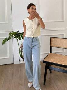 Chaqueta de mujer de unicolor, cuello redondo, sin mangas, ajustada, adecuada para primavera, verano y otoño - Albaricoque - Ver 4