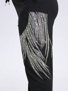 Two Piece Outfits For Women Black Short Sleeve T Shirts Oversized Rhinestones Graphic Drawstring Joggers Pants Casual Summer Sets Going Out - 黑色 - 查看 6