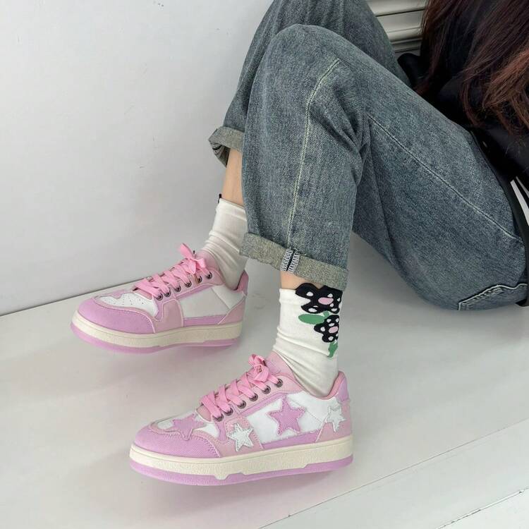 Women's Y2K Denim Star Thick Sole Sneakers, Distressed Sole & Frayed Edge Low-Top Skateboard Shoes, Cute Aesthetic Lace-Up Casual Walking Shoes, Suitable For Daily Wear And Outdoor - Pink - View 6