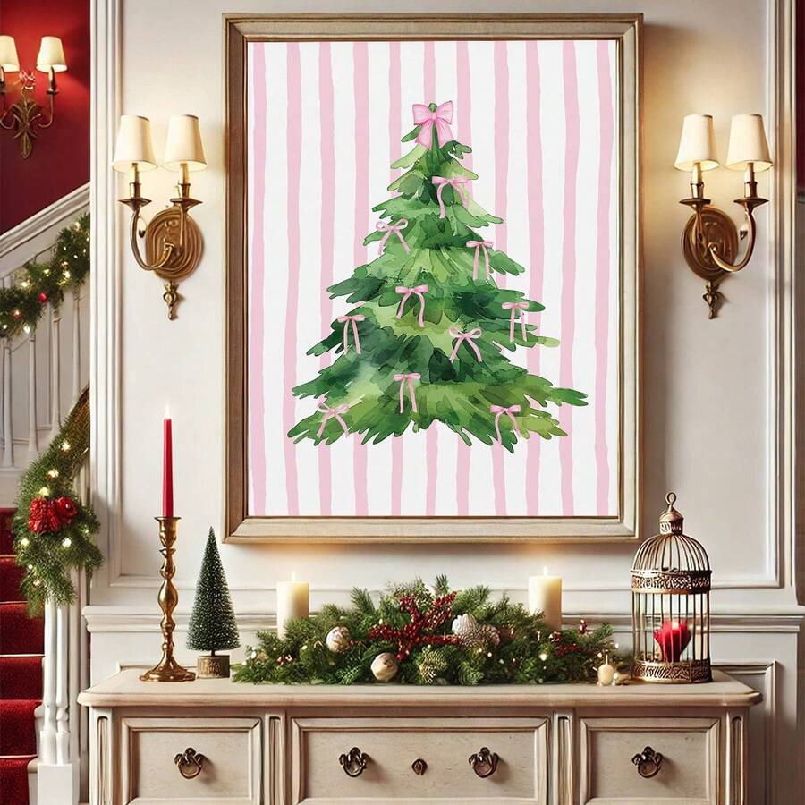 1 buc. Artă de perete de Crăciun, Brad de Crăciun verde vintage cu fundal roz, Decorațiuni de Crăciun roz distractive, Artă festivă, Descărcați acum Potrivit pentru camere de copii, creșe, dormitoare de petrecere pentru băieți și fete, decorațiuni pentru sălile de clasă de grădiniță, Impermeabil. Tapet decorativ pentru tăblia de pat, Decorațiuni de petrecere, Cadouri