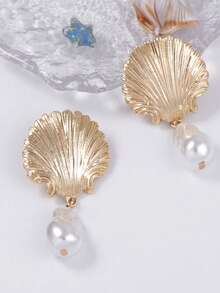 ZAA Shell Pearl Pendant Earrings, Personalized And Luxurious, Simple And Fashionable Earrings, Alloy Scallop Faux Pearl Pendant Earrings, Ocean Leisure Vacation Style Women's Earrings