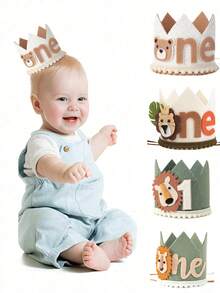 一周岁生日帽，可调节一周岁生日皇冠，丛林主题生日帽，可爱动物生日帽，主题派对礼物，男女皆宜 - 彩色 - 查看 1