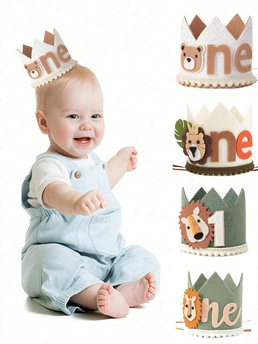 一周岁生日帽，可调节一周岁生日皇冠，丛林主题生日帽，可爱动物生日帽，主题派对礼物，男女皆宜 - 彩色 - 查看 1