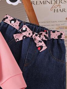 Toddler Bow Decor Print Warm Crew Neck Sweatshirt And Denim Pants Set - Pink - View 4