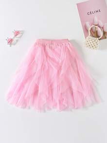 1pc Women's Asymmetrical Layered Ruffle Mesh Tulle Skirt, Cake Skirt - Pink - View 2
