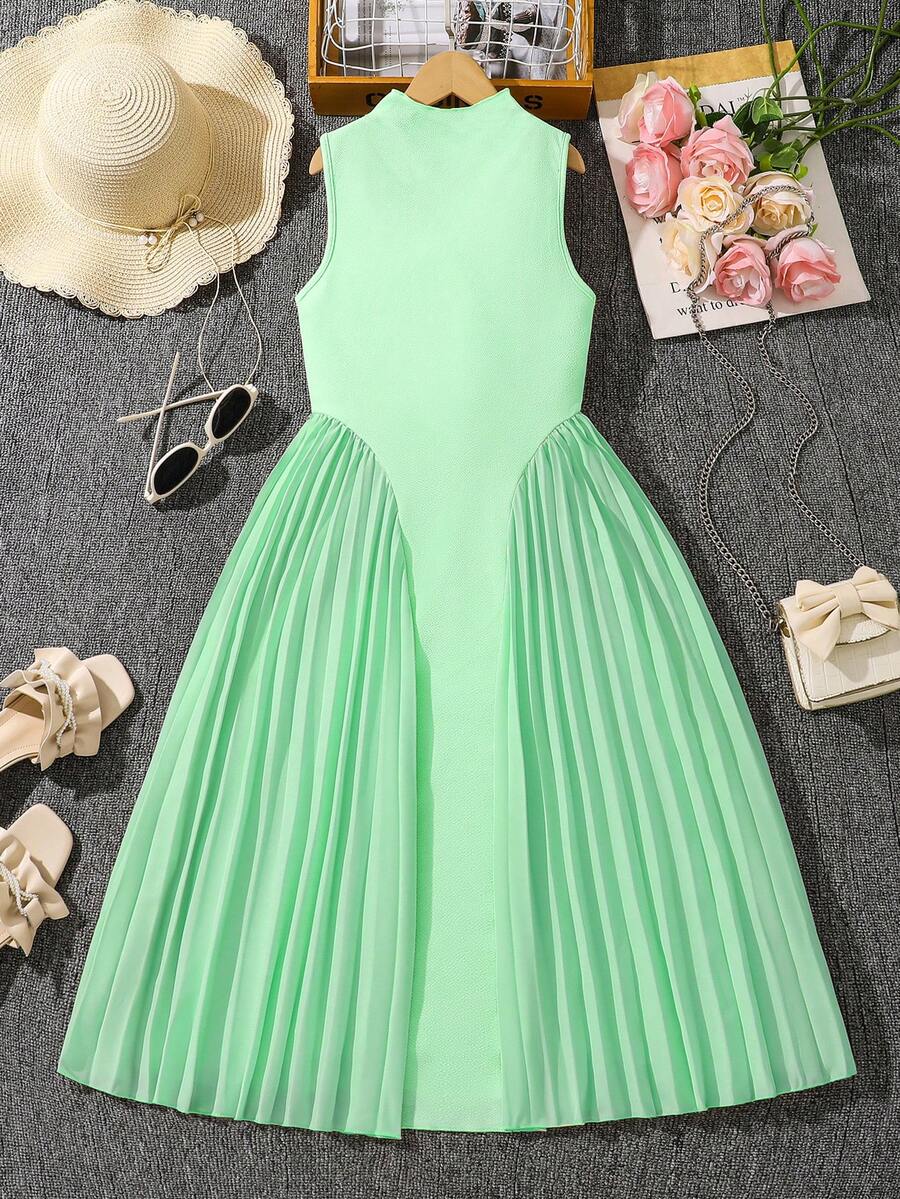 Left Mama 女童优雅立领无袖百褶连衣裙，夏季